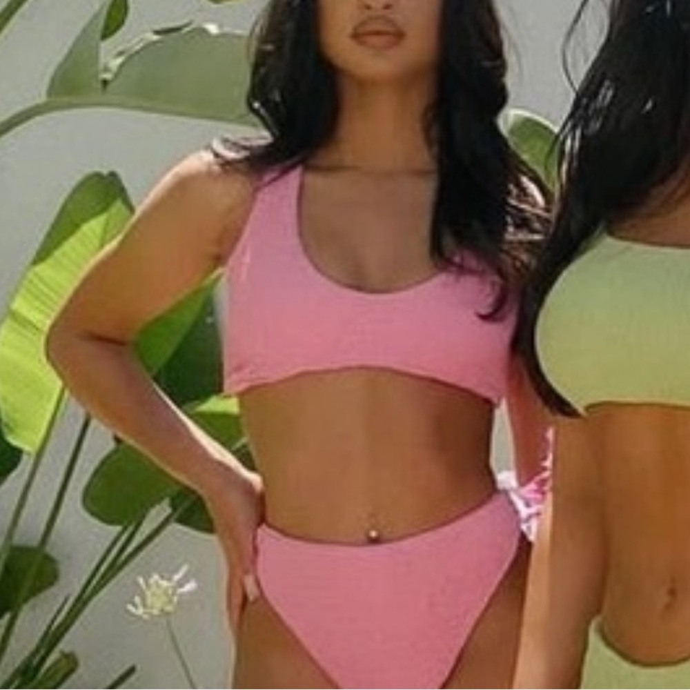 NEW NAKED WARDROBE Smocked Plunge Bikini Top Bubblegum Pink Size Small